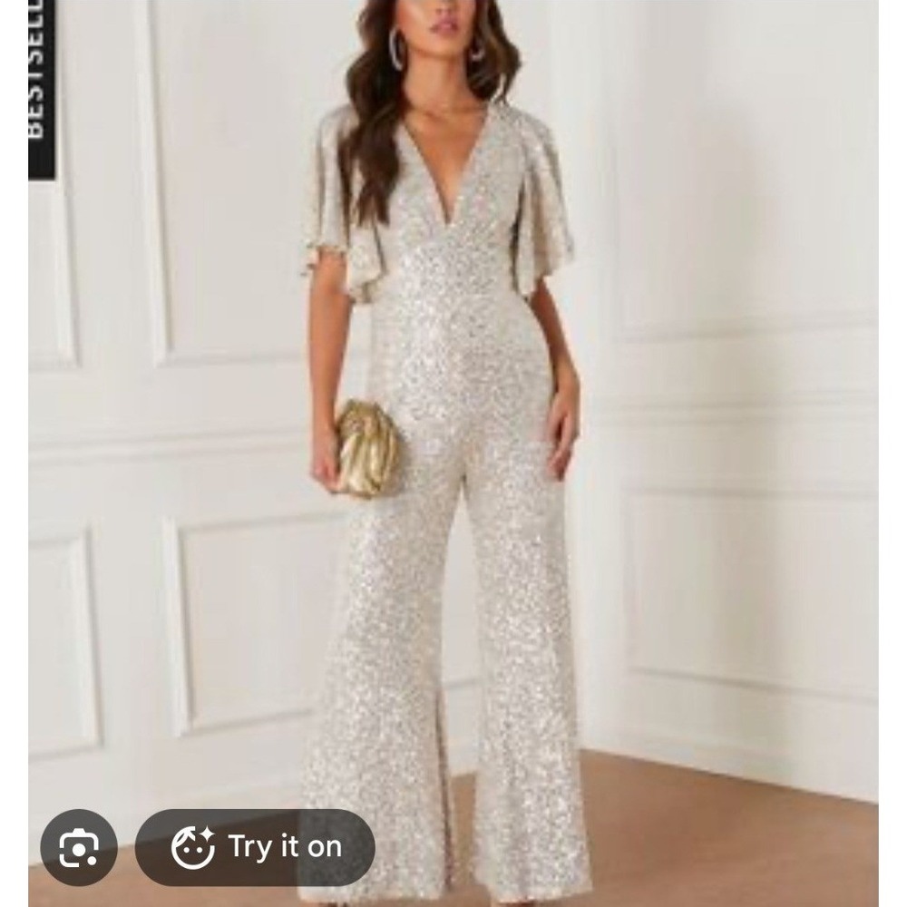 Vici Aakaa Sequin Jumpsuit Women Large Champagne Trophy Wife Jumpsuit